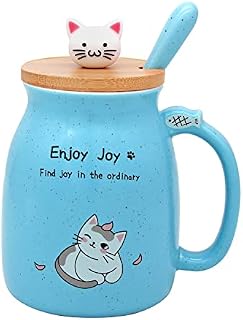 Find Joy in the Ordinary Cat Mug Cup - Blue Cat Mug Cup Cute Ceramic Coffee Mug Cup with Kawaii Kitty Wooden Lid and Stainless Steel Spoon, Tea Mug Cup Birthday Christmas Gifts for Women and Cat Lover