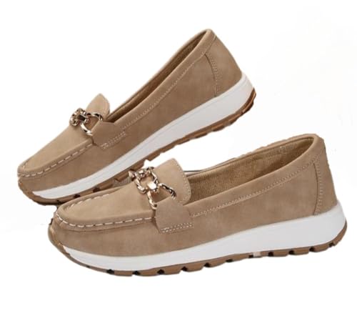 Geerta Women's Mocasines Fashion Chain Decorated Low Top Round Toe Shoes Orthopedic Sandals, Casual Comfortable Lightweight Slip on Shoes, Female Solid All-Match Shoes for Daily Wear