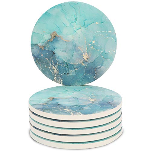 Miwen Coasters for Drinks, Marble Pattern (Teal+Gold), Absorbent Ceramic Stone with Cork Back, 4.25'' Large Diam, Prevent Furniture from Dirty, Spills, Water Ring, Housewarming Gift, Set of 6