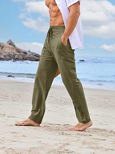 Image of PASLTER Mens Cotton Linen Pants Casual Summer Beach Pants Dress Trousers | Loose Fit, Elastic Drawstring Waist, Lightweight, Straight-Legs, Slacks, Yoga, Work, Vacation, Quick Dry
