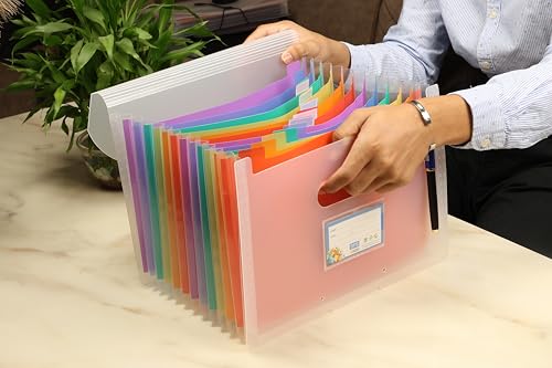 Image of SPS A4 Expanding File Folder - 13 Pockets | Transparent | Pastel Color Dividers | Snap Button Closure | Fits A4 & Letter Size | Waterproof & Lightweight
