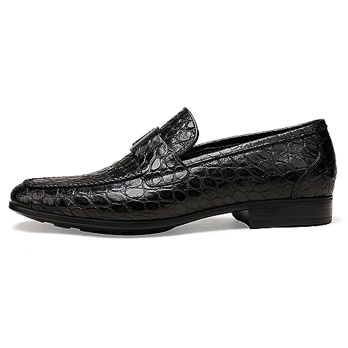Image of Mens Leather Penny Loafers, Classic Crocodile Printed Business Dress Shoes with Metal Buckle Slip on Penny Shoes for Mens