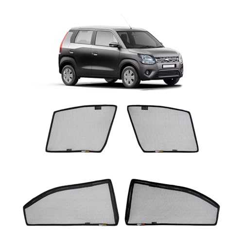 Image of Amazon Basics Side Window Sun Shade for Maruti Suzuki Wagon R (2019 Onwards) - Front Half Cut + Rear Zipper | Custom-Fit Magnetic Car Curtains | Black | Pack of 4 Pcs | Cotton Mesh