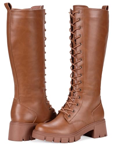 Image of Vepose Women's 953 Knee High Combat Boots Chunky Platform Heel, Lace Up Gothic Punk Work Boots for Dresses and Jeans