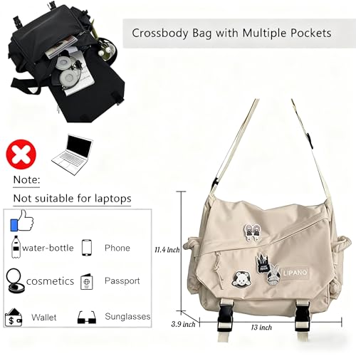 Image of Aesthetic Crossbody Bag with Cute Pins and Ornament, Nylon Shoulder Messenger Bag Japanese Kawaii Bag for Women Men