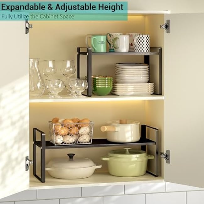 2 Pack Expandable Kitchen Cabinet Organizer Shelves, Stackable Heavy Duty Metal Small Storage Shelf, Adjustable Counter Shelf for Cupboard, Pantry & Under Sink Space Saver, Patent Pending