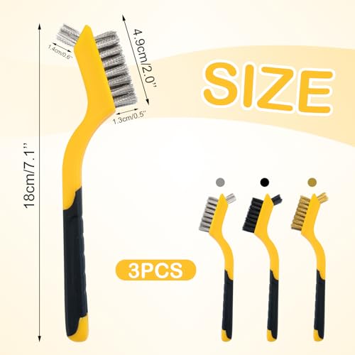 Image of 3pcs Wire Brushes Sturdy Little Cleaning Tool Scratch Brush, Nylon /Brass /Stainless Steel Bristles Brush with Curved Handle Grip Cleaning for Grout, Dirt, Rust, Paint Scrubbing Grease