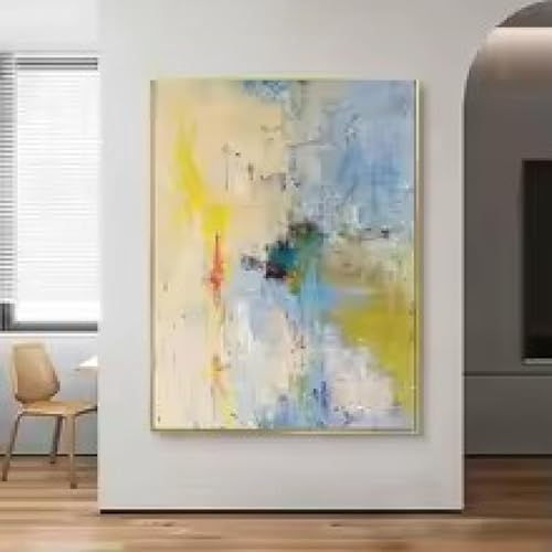 Peinture abstraite moderne en grande toile texturée bleu jaune vert 80x120