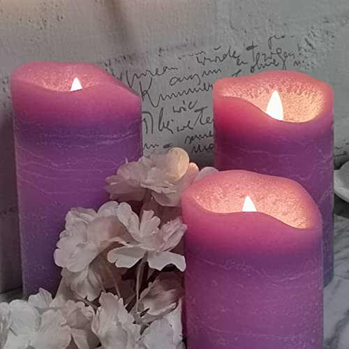 Image of CANDLE CHOICE Battery Operated Flameless Candles with Timer Real Wax Realistic Flickering Electric LED Pillars Automatic Built-in Daily Cycle 6-hour on 18-hour off 3 PCS Rustic Texture Lavender Purple