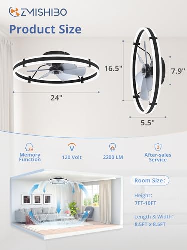 Image of ZMISHIBO 24 Inch Ceiling Fans with Lights and Remote, Modern Low Profile Ceiling Fan, 3000-6000K Dimmable Flush Mount LED Fan Light, 6 Wind Speeds, Fandelier Ceiling Fans for Bedroom- Black