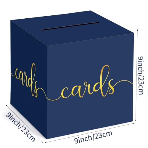 Image of Hooqict Navy Blue Card Box with Slot 9.1 inch Gold Foil Gift Card Box for Party, Graduation, Wedding Reception, Birthday, Retirement, Baby Shower, Raffle Ticket Money Envelope Holder