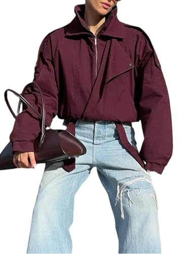 Women's Burgundy Zipper Jacket Loose Stand Collar Button Long Sleeve Pocket Short Coats