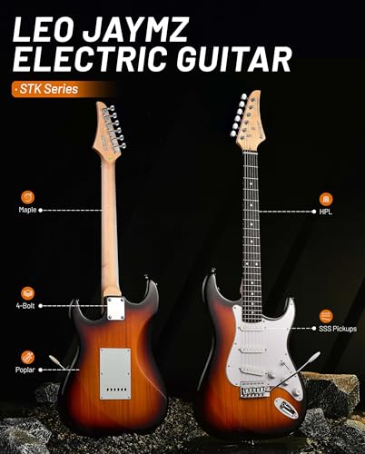 Image of Leo Jaymz Beginner Electric Guitar Complete Kit with Portable Amp, Padded Gig Bag & Full Accessories, Maple Neck SSS Pickups (Sunburst)