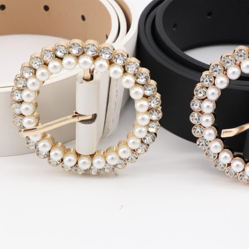 Kopida Women PU Leather Waist Belt Rhinestone Pearl Round Buckle Belt Adjustable Waist Belt Casual Jeans Belt Dress Pants Belt3