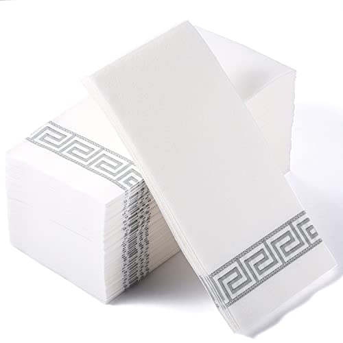 MORGIANA Servilletas Plateadas con Tacto de Lino Paquete de 100 Toallas de Mano Desechables Toallas de Invitados Plateadas y Blancas para Navidad Baño Boda Fiesta de Hotel