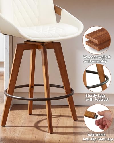 Image of AQG Counter Height Bar Stools Set of 6, Mid Century Modern Bar Chairs Swivel with Back, Faux Leather Upholstered Barstools Walnut Wood Frame for Kitchen Island (White, 26 Inch - 6 PCS)