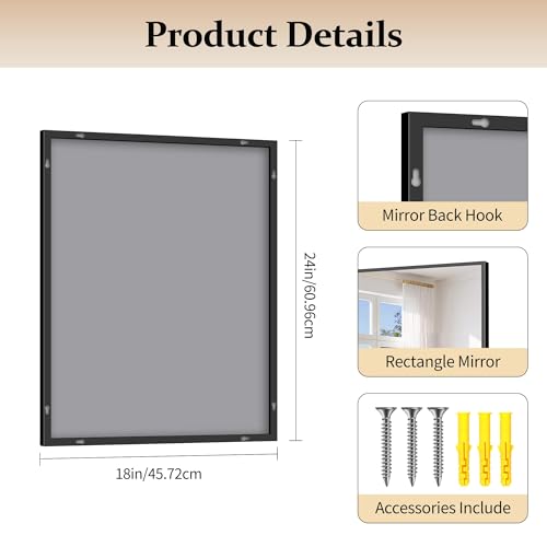 Image of COFENY Black Bathroom Mirror for Wall, 18x24 Inch Rectangle Mirror with Metal Frame, Modern Vanity Mirrors for Bathroom Living Room, Entryway Hangs Horizontal or Vertical