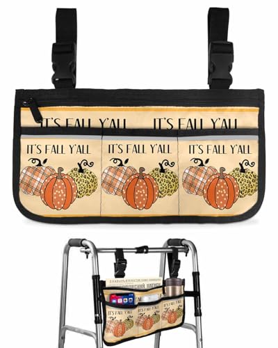 Anzona Orange Green Pumpkins Fall Wheelchair Side Bag Walker Bag, Rustic Wheat Striped Wheelchair Accessories Armrest Pouch, Organizer Storage Bag for Walkers, Rollators, Scooters, 7.3''x13''