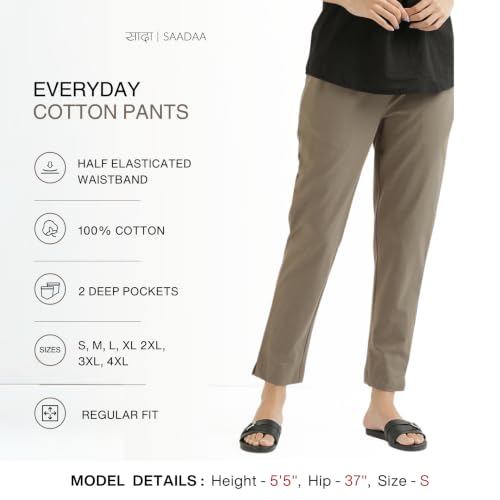 Image of SAADAA Women Cotton Pant Regular Slim Fit Mid Rise Trouser, Pocket Pants for Office School Formal Casual Daily Use