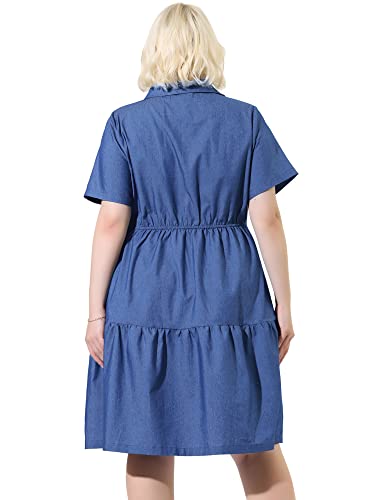 Image of Agnes Orinda Plus Size Chambray Dress for Women Short Sleeve Button Down Flowy Tiered Shirt Dresses 1X Light Blue