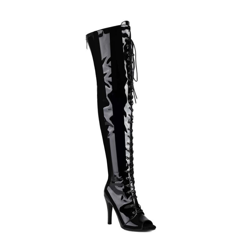 Peeptoe Stiefel Overknee Stiletto-Absatz High Heels mit Schnürung & Reißverschluss