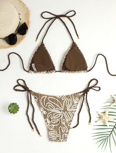 Image of ZAFUL 2 Piece Triangle Bikini for Women Knitted Rope Halter Bikini Sets Sexy Bathing Suit Side Tie Swimsuits Beachwear
