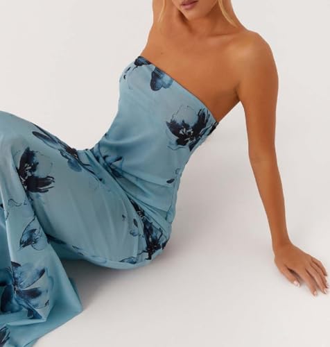 Image of Women Floral Strapless Maxi Dress Y2K Bodycon Tube Long Dresses Sexy Party Formal Cocktail Beach Slit Dress