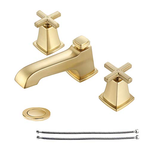 NEWATER 2-Handle Widespread Brass Bathroom Sink Faucet Three Hole Lavatory Faucet with Metal Pop-up Drain Assembly & Supply Lines，Brushed Gold