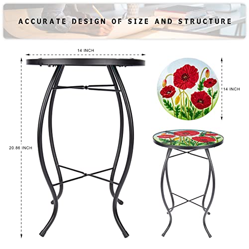 Mumtop Outdoor Side Table - Small Mosaic Patio Table, Poppy 14” Accent Round Side Table Glass Plant Stand For Garden Patio Living Room #TOP2