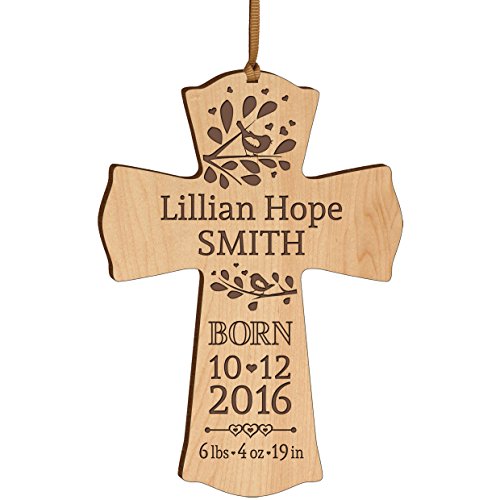 LifeSong Milestones Personalized New Baby Birth Shower Announcement Gift Ideas for Newborn Boys and Girls Custom Engraved Wall Cross Ornament for New mom and dad and Grandparents (Maple)