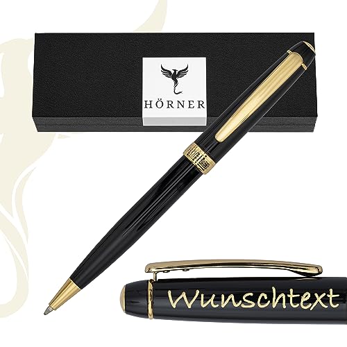 Hörner Nobilis Design Kugelschreiber mit Gravur I Premium Geschenk-Box I Strichstärke M 1 mm I Personalisierter Drehkugelschreiber I Stift für Männer und Frauen I Kugelschreiber gold - schwarz