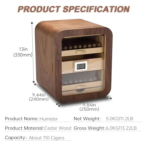Humidor aus Zedernholz mit Hygrometer und Luftbefeuchter für 110 Zigarren, perfekt für Hausbars und Zigarrenliebhaber