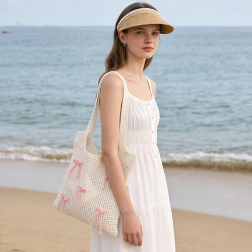 Image of PALAY Tote Bag for Woman Girls Bow Crochet Shoulder Bag Coquette Cute Knitted Women Handbags