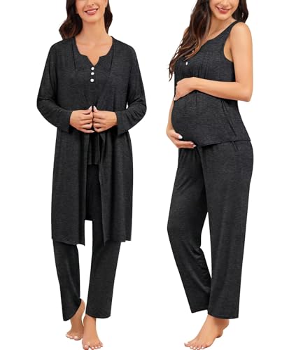 Image of SWOMOG Maternity Nursing Pajamas Set 3 Piece Breastfeeding 3 in 1 Labor Delivery Sleevless Tops Long Pants Pregnancy Pjs