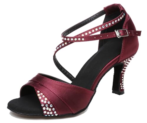ZengyeZoo Dance Shoes Latin for Women 3 inch Heel Ballroom Dancing Wedding Party Sandals X037 Burgundy US 8.5