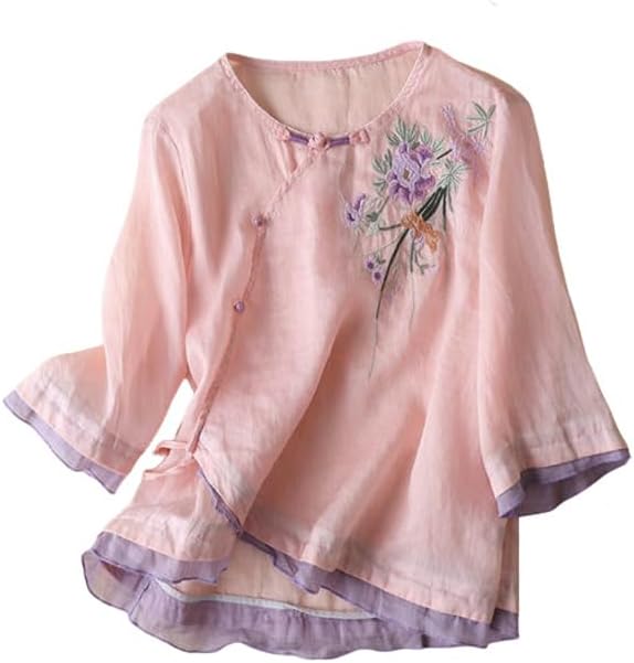 Women's Summer Ethnic Style Blouse Literary Frog Button Embroidered 5/4 Sleeve Top