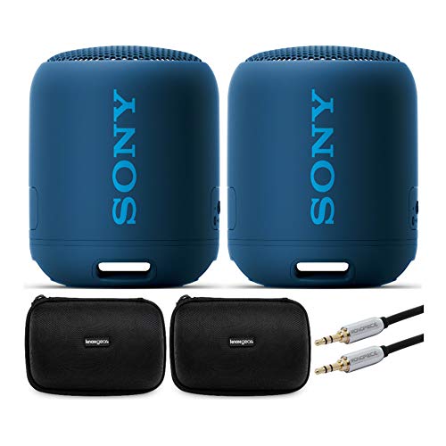 Sony SRS-XB12/B Extra Bass Portable Bluetooth Speaker Stereo Pair Bundle (2 Speakers, Left/Right Channel) with Travel Cases and 10ft Mobile AUX Cable (Blue)