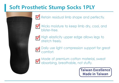 Cotton Prosthetic Stump Socks – BK, 1 PLY, Light Compression, Soft, Thin, Amputee Socks, Taiwan Excellence, 4 PCS S/M/L3