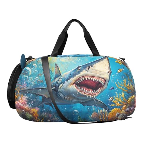 Shark Bubble Marine Blue Kids Travel Duffel Bag for Boys Girls Overnight Weekend Tote Bag with Shoes Compartment for Gym Sports Dance2