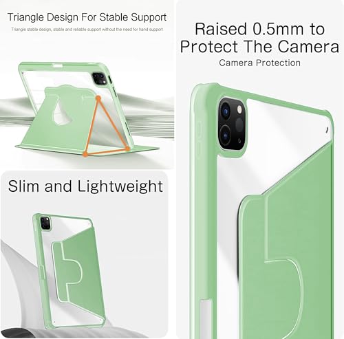 Image of TGK Rotating Case for iPad Pro 12.9 inch (2022 /2021 /2020 /2018, 6th /5th /4th /3rd Gen) with Pencil Holder 360 Degree Rotation Protective Trifold Stand Cover Clear Back (Mint Green)