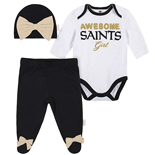 NFL New Orlean Saints 3 Pack Bodysuit Footed Pant and Cap Registry Gift Set, black white New Orlean Saints, 3-6M
