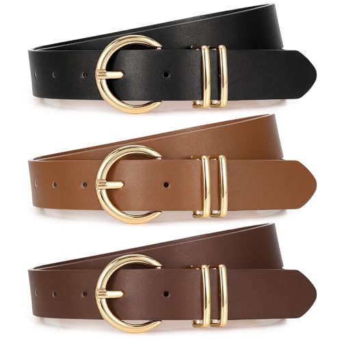 Image of XZQTIVE 3 Pack Women Belts For Jeans Dresses Pants Ladies Leather Waist Belt with Gold Buckle