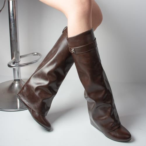 Image of Fold Over Boots Women's Knee High Shark Boots Round Toe Wedge Heel Flat Shoes for Fall Winter Dress Shoes