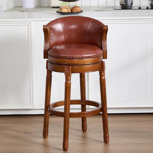 Image of Cow top Leather Wooden Bar Stools, 29.5 inch Bar Height Bar Chair with Back, 180 Degrees Swivel Barstools Chair for Home Kitchen Counter,Dining Room (Brown-1pc, Bar Height-Seat Height 29.5 inch)