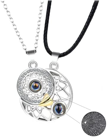 mciskin Magnetic Matching Necklace for Couples Sun Moon Projection 100 Languages I Love You BFF Necklace,Noveltly Couple Heart Pendant, Matching Couple Necklaces For Him and Her