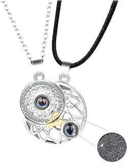 mciskin Magnetic Matching Necklace for Couples Sun Moon Projection 100 Languages I Love You BFF Necklace,Noveltly Couple Heart Pendant, Matching Couple Necklaces For Him and Her
