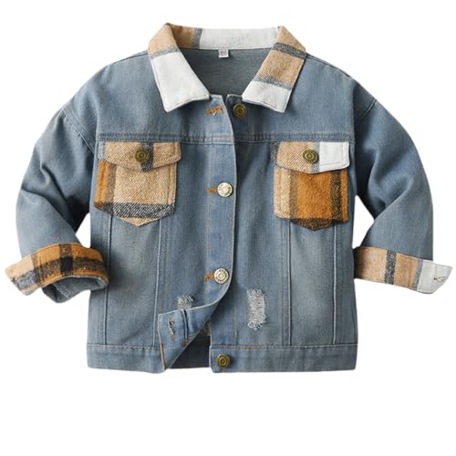 Toddler Little Boy Girl Denim Jacket with Pocket Long Sleeve Button Down Jeans Coat Tops Classic Plaid Shirt Overcoat