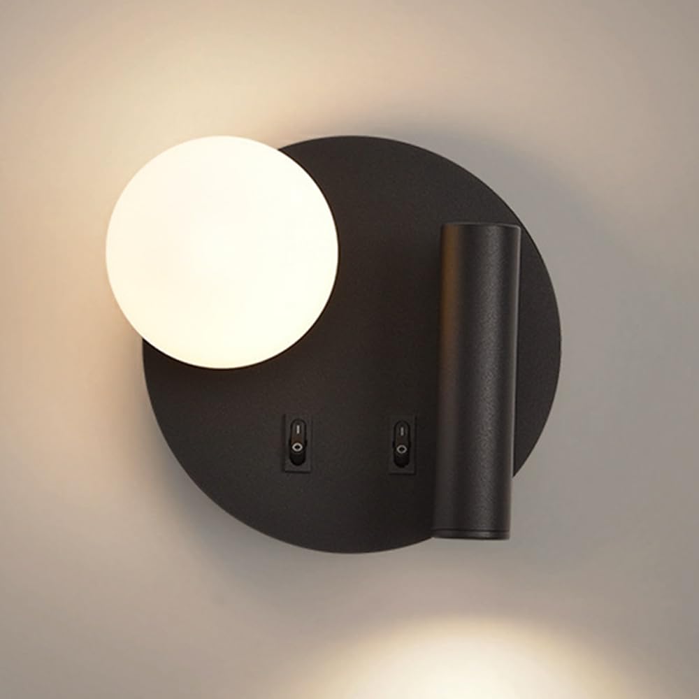 SXECAEPS Round Wall Sconce LED Mount Reading Light Bedside Lamp With Switch Globe Glass Sconces Bedroom Headboard Lights for Living Room Hotel Bed Read