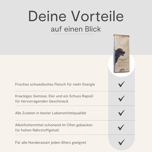 MAGNUSSONs Light (1 x 14kg) | Energiearmes Hundetrockenfutter für Erwachsene Hunde Aller Rassen | Alleinfuttermittel | Zur Erhaltung des optimalen Gewichts | Hoher Anteil an frischem Fleisch