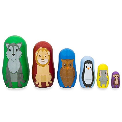 BestPysanky Set of 6 Wolf, Lion, Owl, Penguin Wild Animals Plastic Nesting Dolls 4.5 Inches